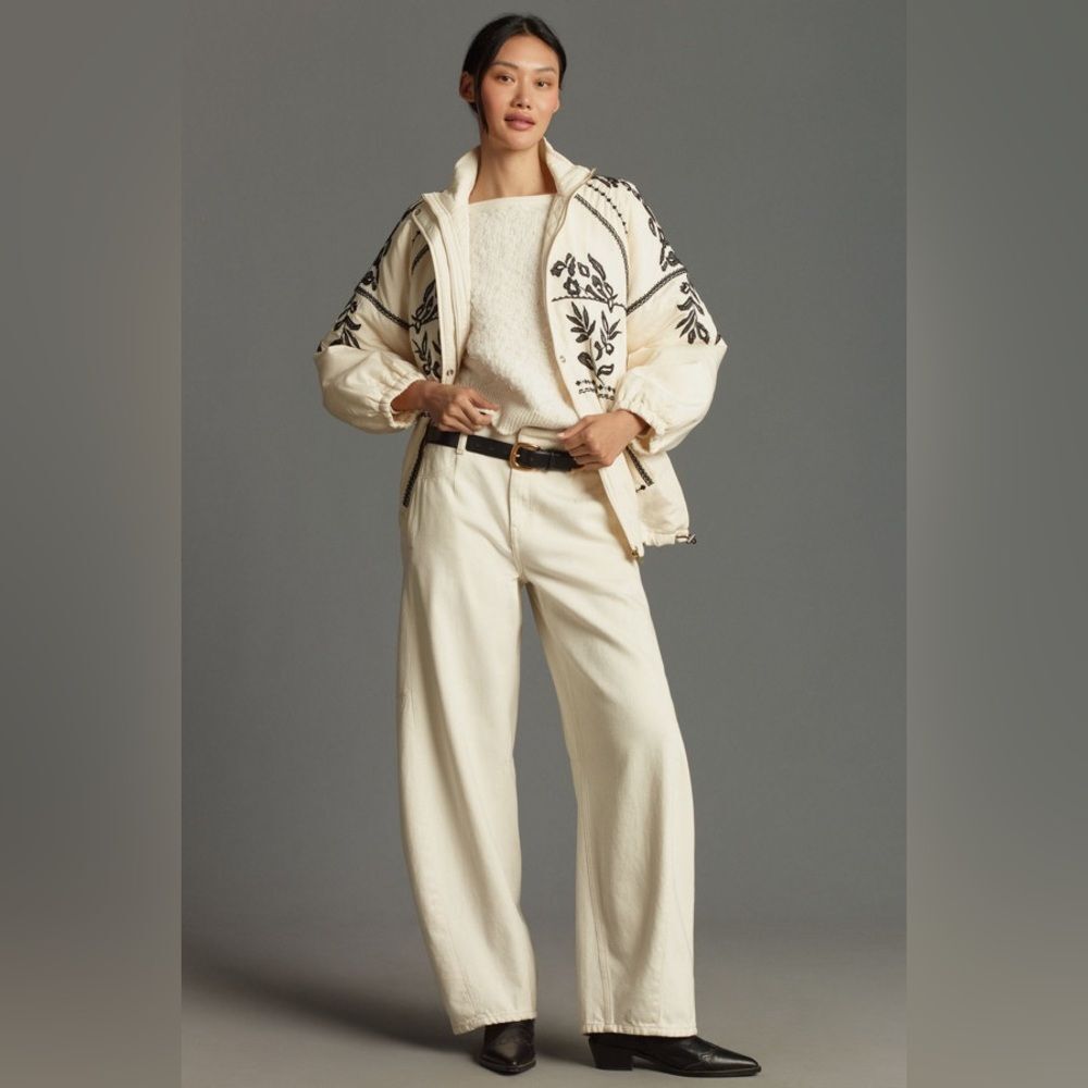 Anthropologie Embroidered Puffer Coat in Ivory 1X - Picture 2 of 16